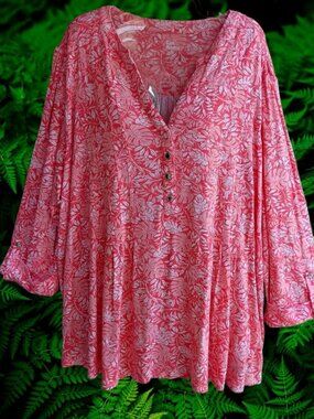 Kim Rogers Womens Top Blouse Popover 3/4 Sleeves Orange Floral Size 3X